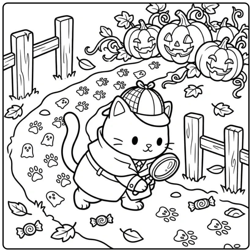 Halloween Cat coloring page detective searching for clues