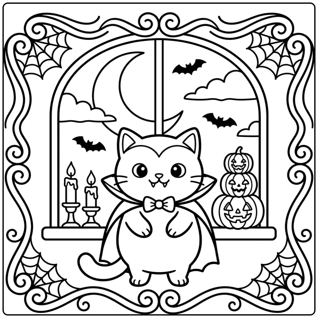 Halloween Cat coloring page with cape and bats