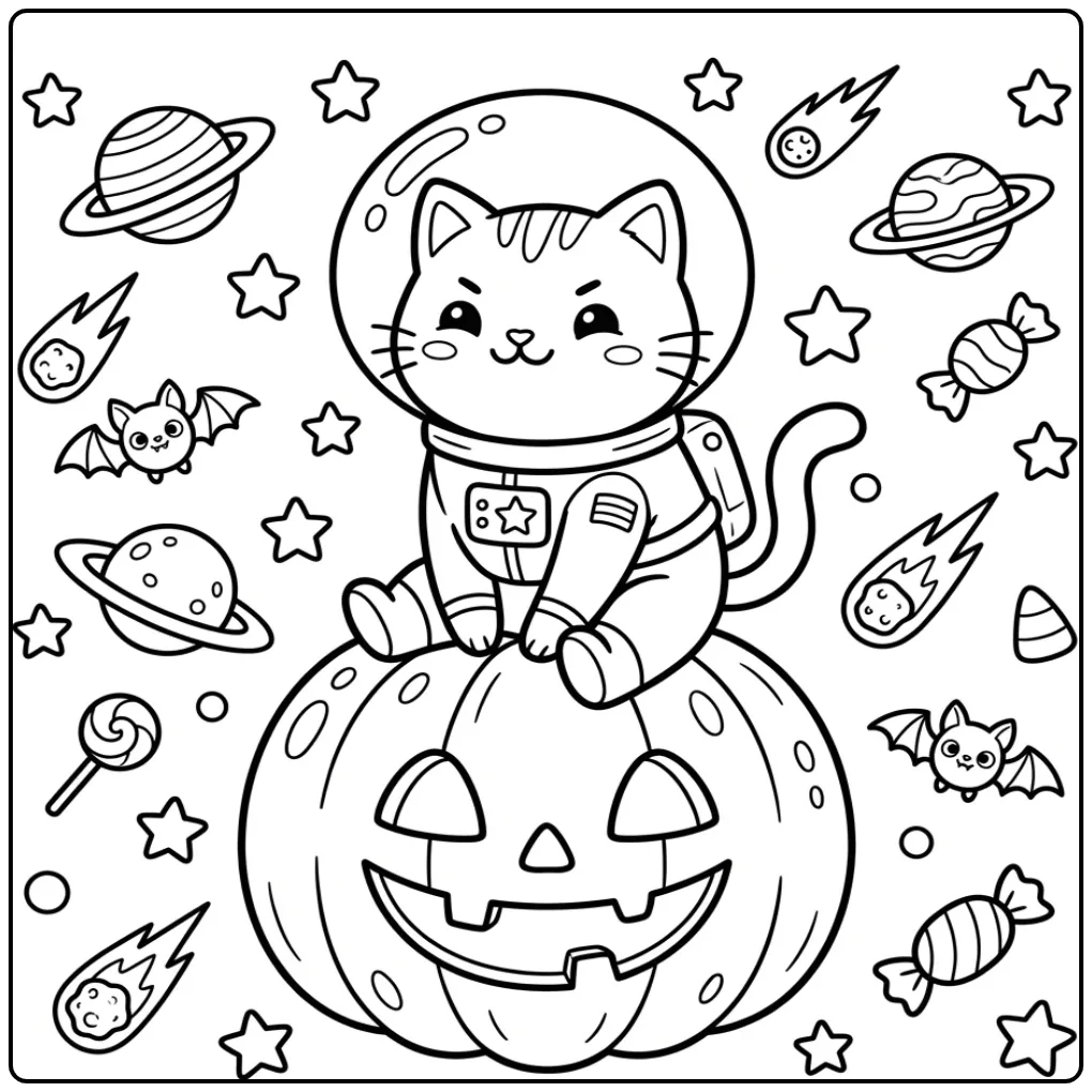 Halloween Cat coloring page astronaut on a pumpkin