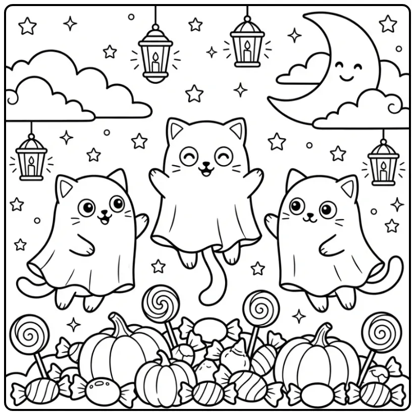 Halloween Cat coloring page with three ghost kittens