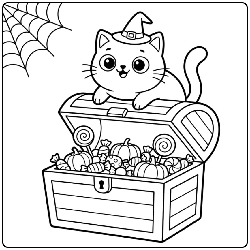 Halloween Cat coloring page by a chest full of candy