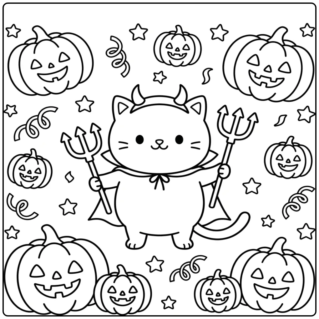 Halloween Cat coloring page as a little devil with candy