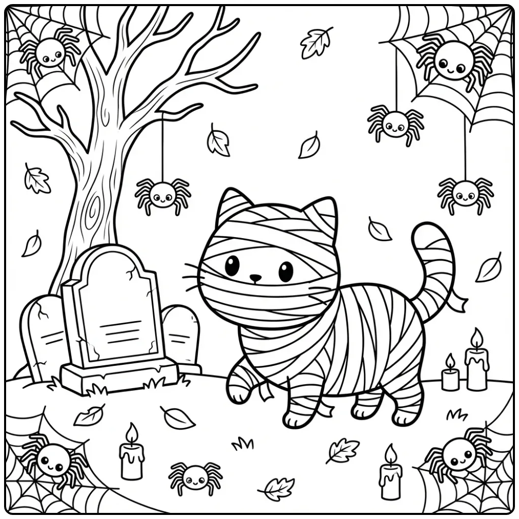 Halloween Cat coloring page mummy with a gravestone