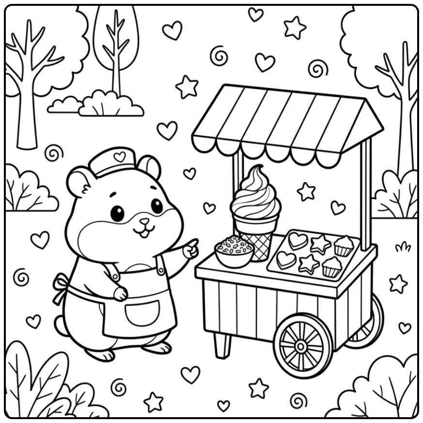 Hamster coloring page choosing a big ice cream