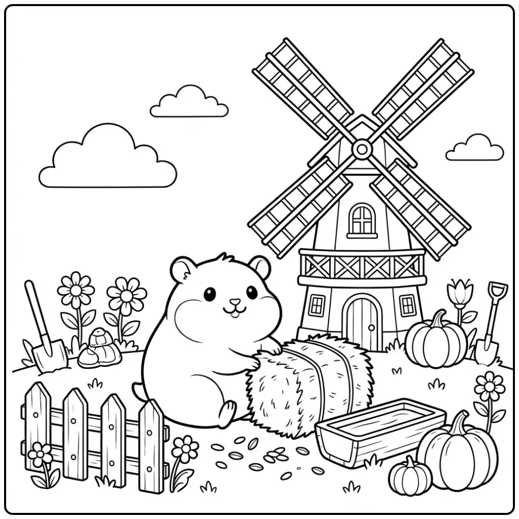 Hamster coloring page on a farm with a hay bale
