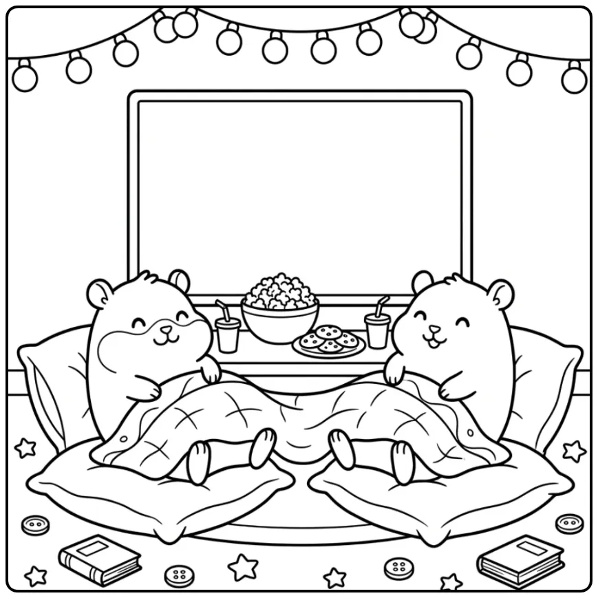 Hamster coloring page movie night with popcorn