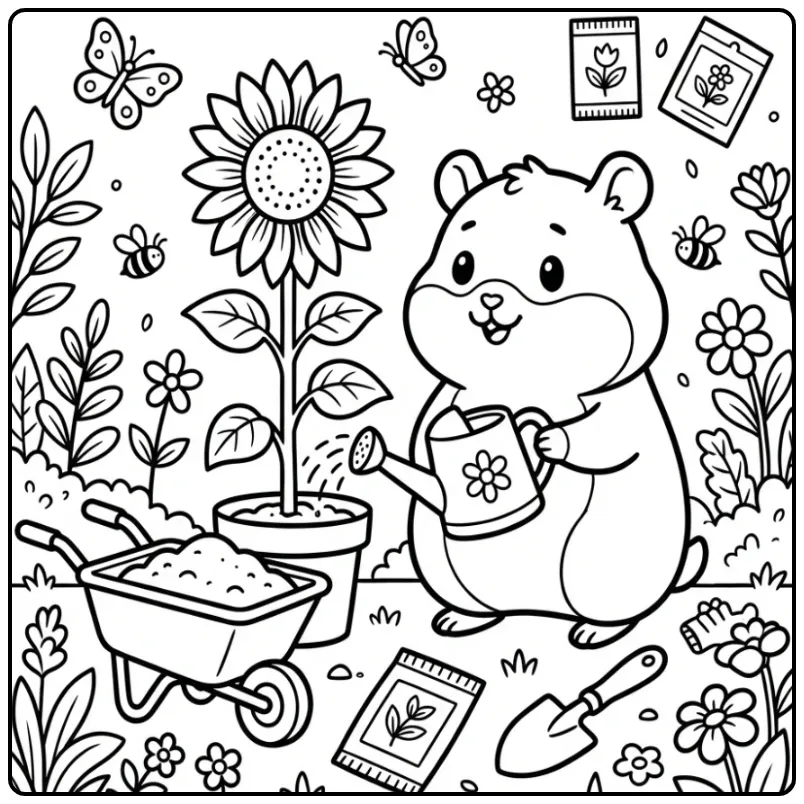 Hamster coloring page gardening with a sunflower