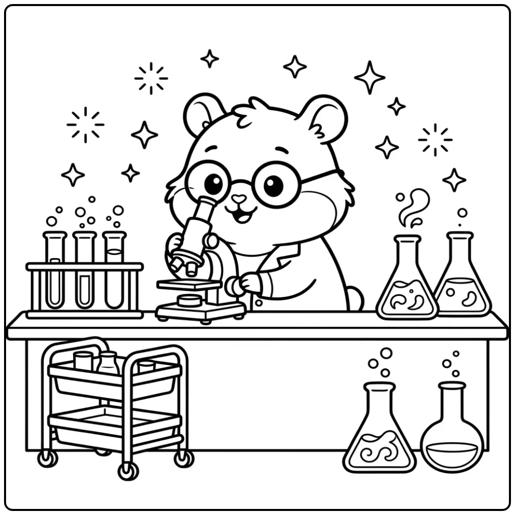 Hamster coloring page scientist with microscope