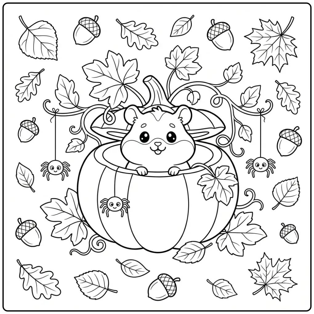 Hamster coloring page in a pumpkin with autumn leaves