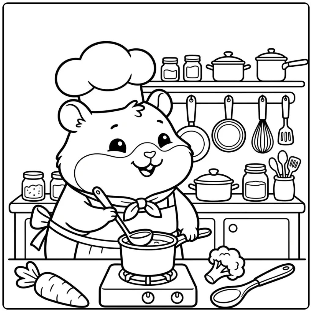 Hamster coloring page chef stirring a soup pot
