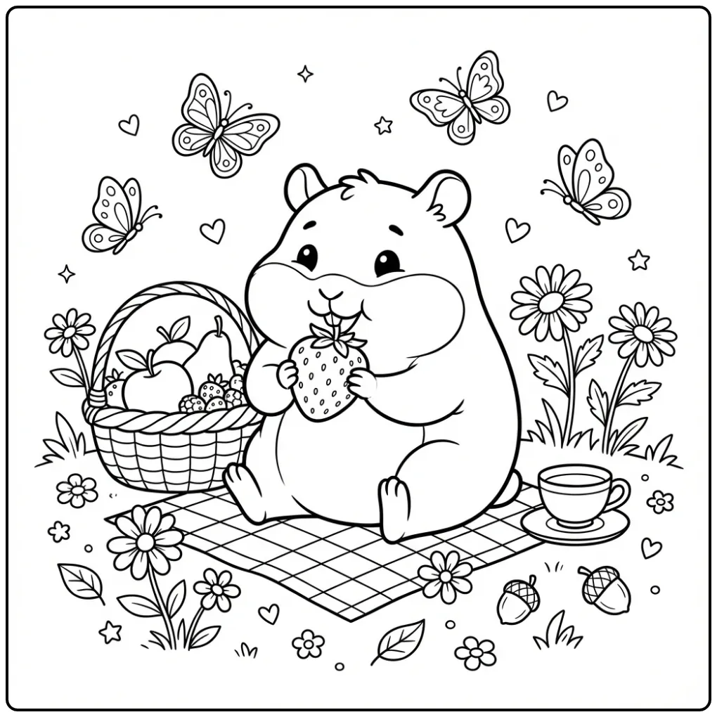 Hamster coloring page at a picnic with fruit