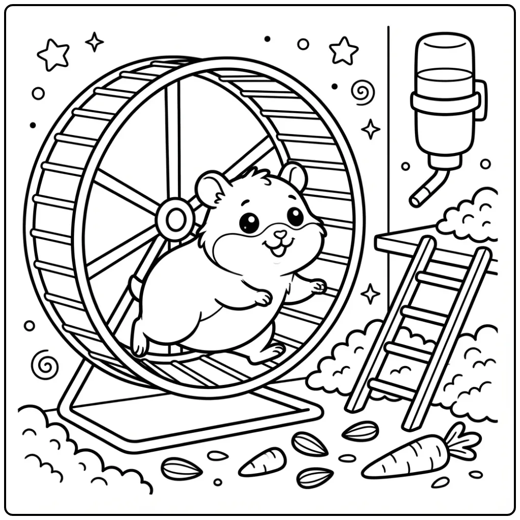 Cute Hamster coloring page running in a wheel