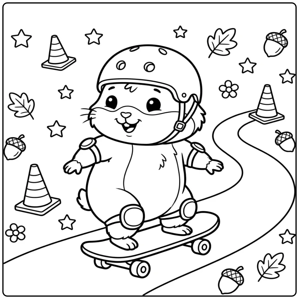Cute Hamster coloring page on a skateboard with helmet