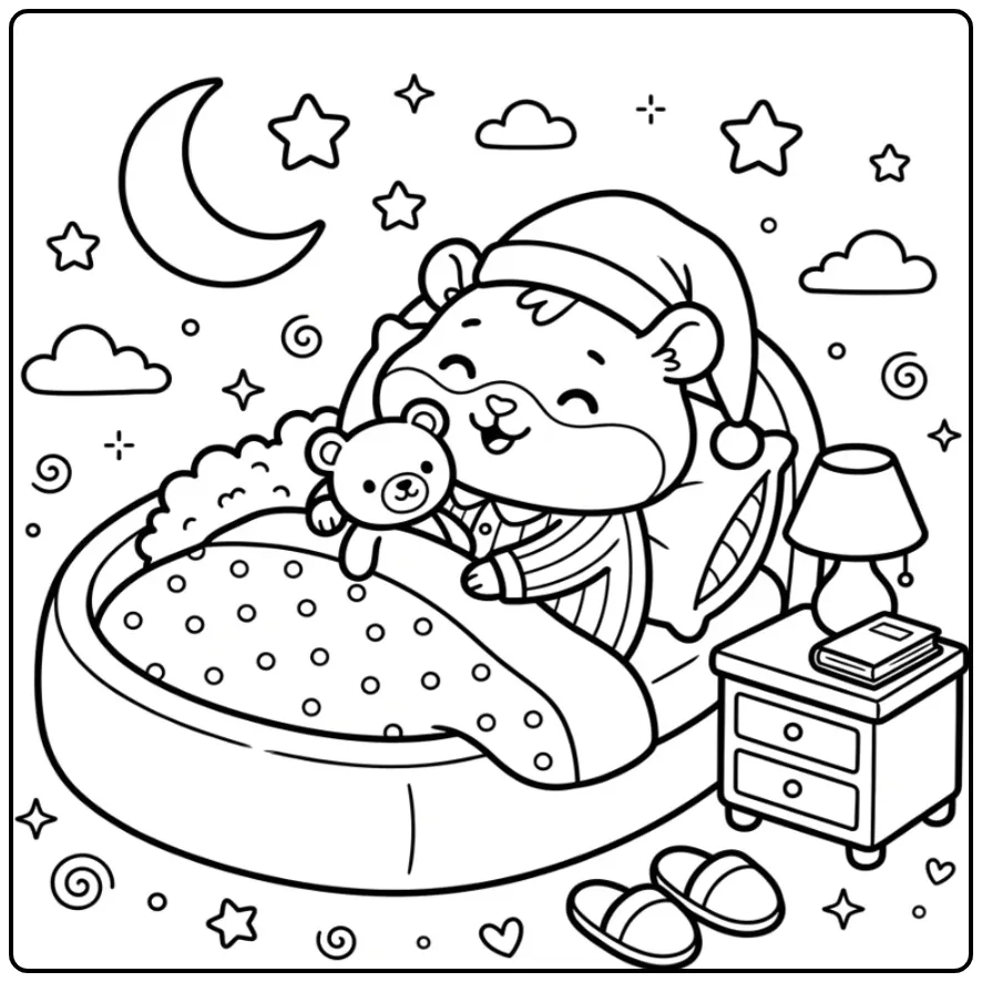 Cute Hamster coloring page in pajamas with teddy bear