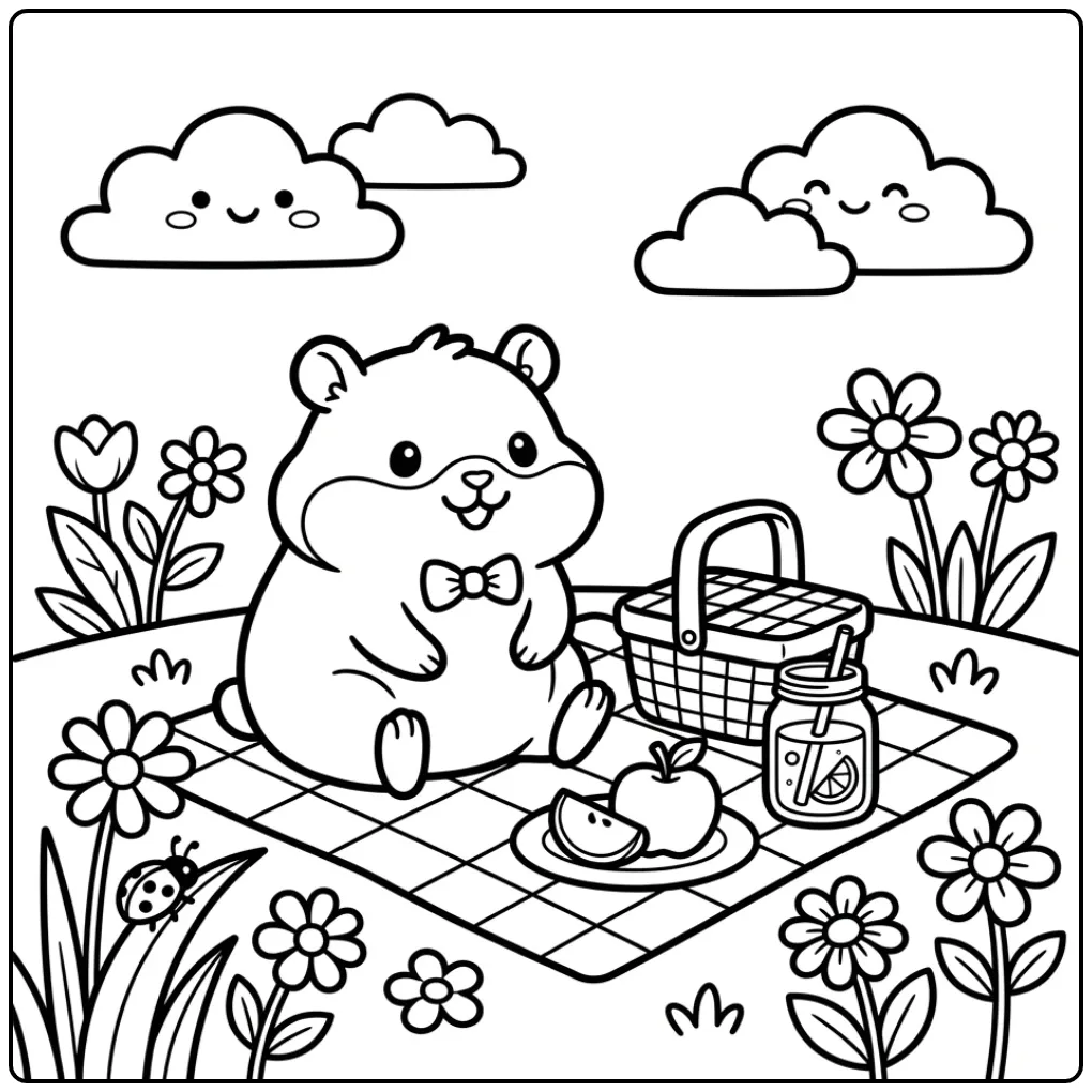 Cute Hamster coloring page with lemonade and flowers