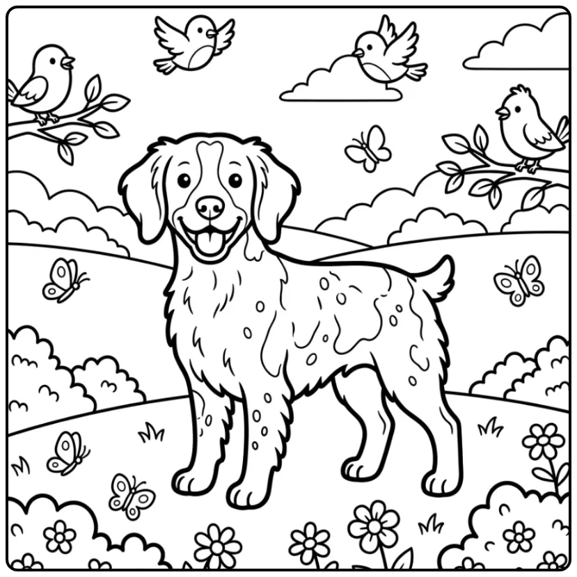 Happy Brittany Spaniel in Nature coloring page