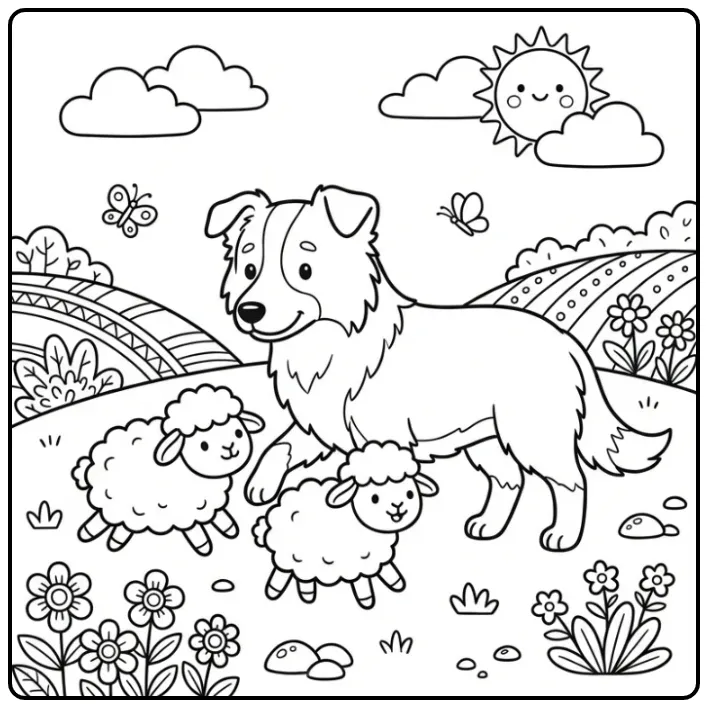 Border Collie in the Flower Meadow coloring page