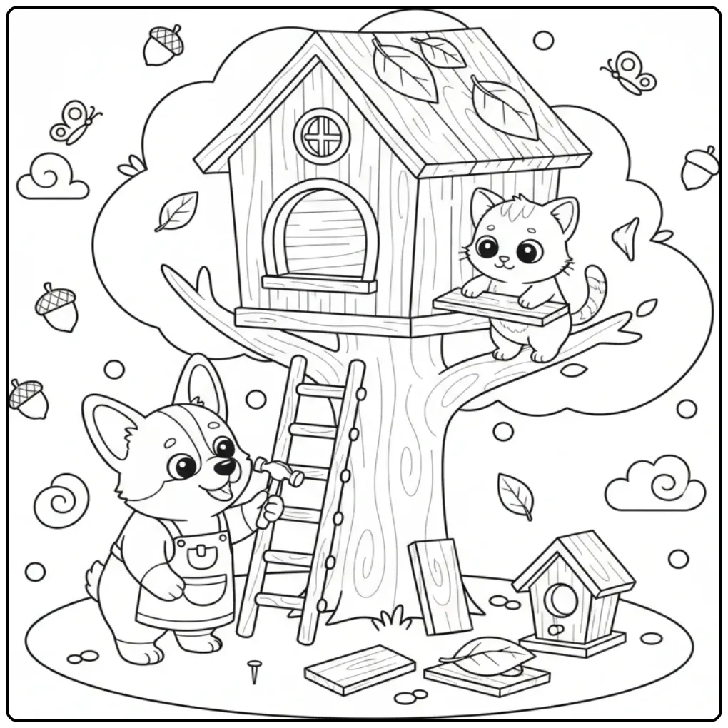 Corgi and Kitten Building a Treehouse coloring page