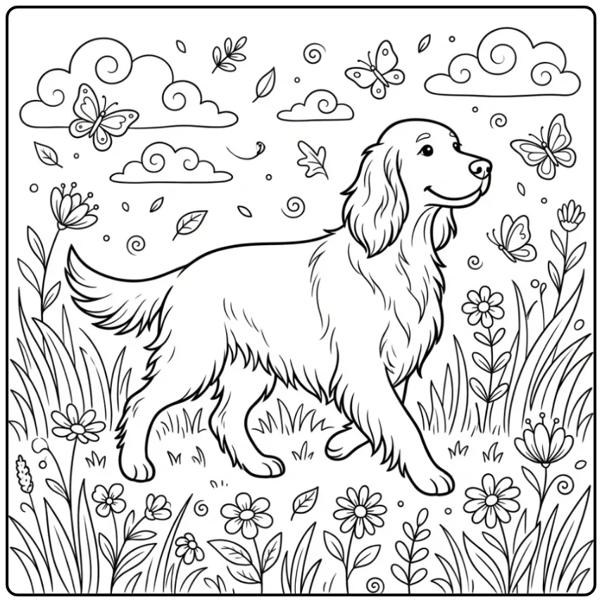Irish Setter Trotting Through Flowers coloring page