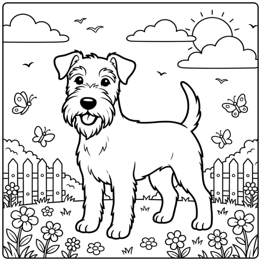 Irish Terrier in the Garden with Flowers coloring page