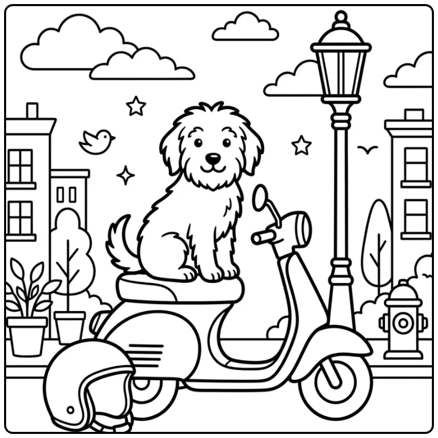 Hollandse Smoushond Riding on a Scooter coloring page
