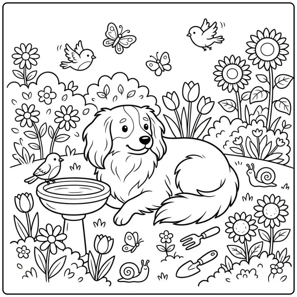 Markiesje Dog Resting in a Flower Garden coloring page