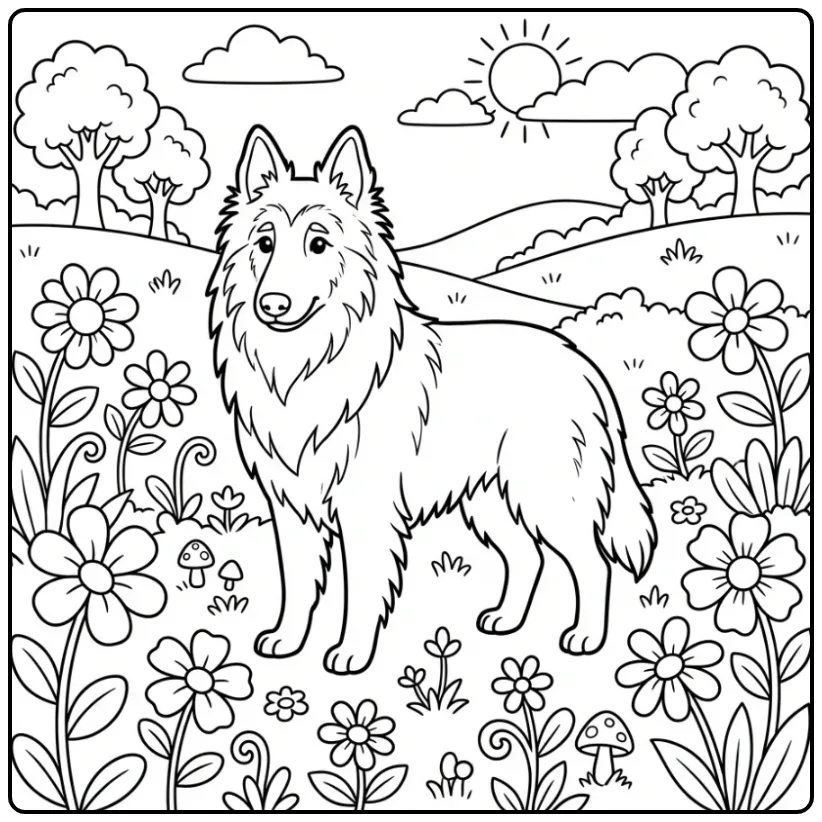 Tervuren Shepherd Among Flowers coloring page