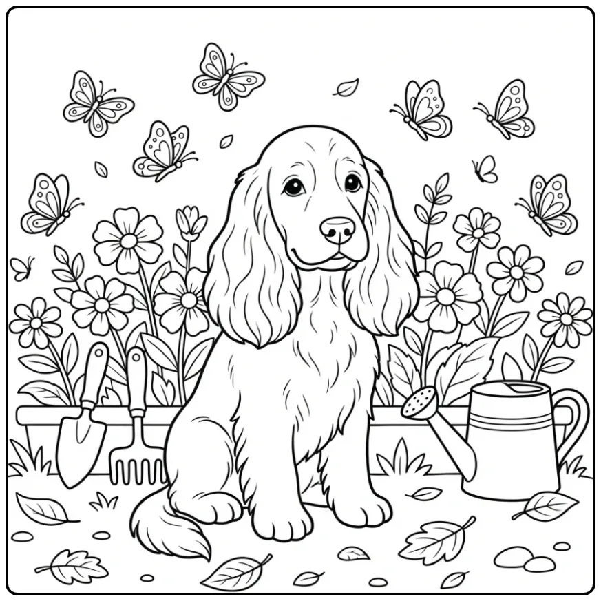 Dog with Garden Tools and Butterflies coloring page