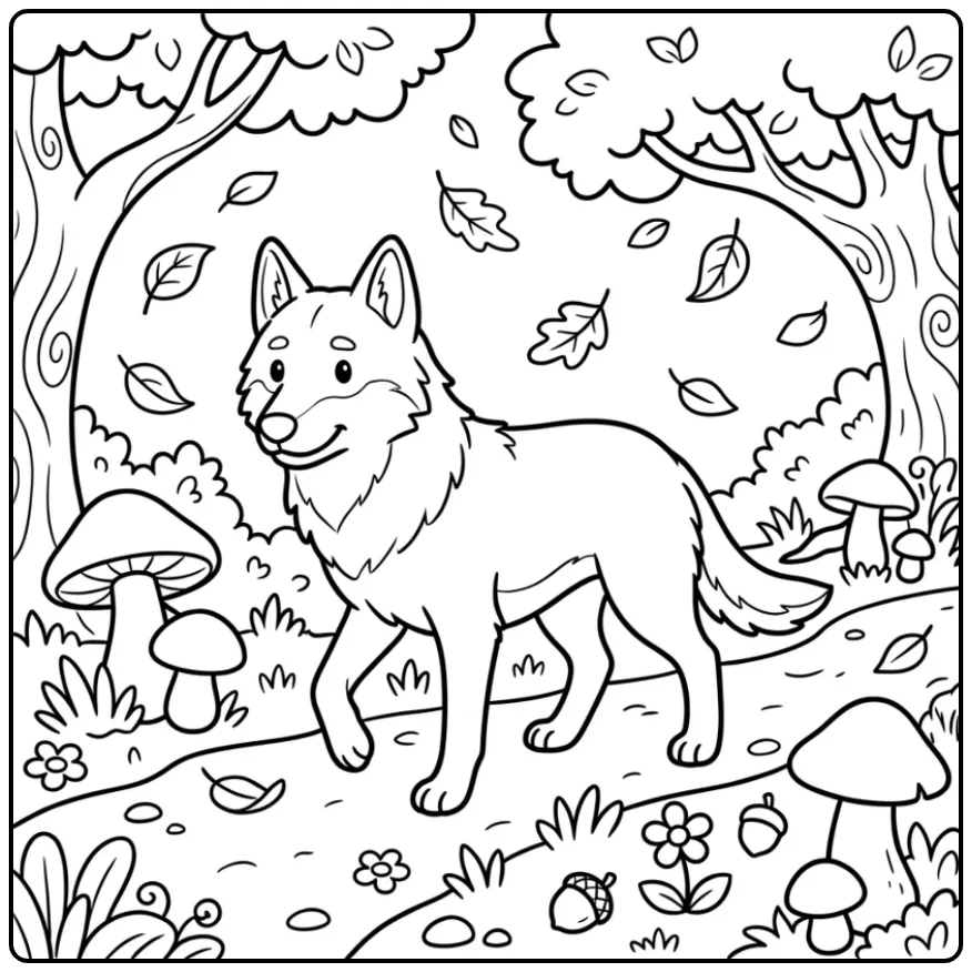 Saarloos Wolfdog with Mushrooms in the Forest coloring page