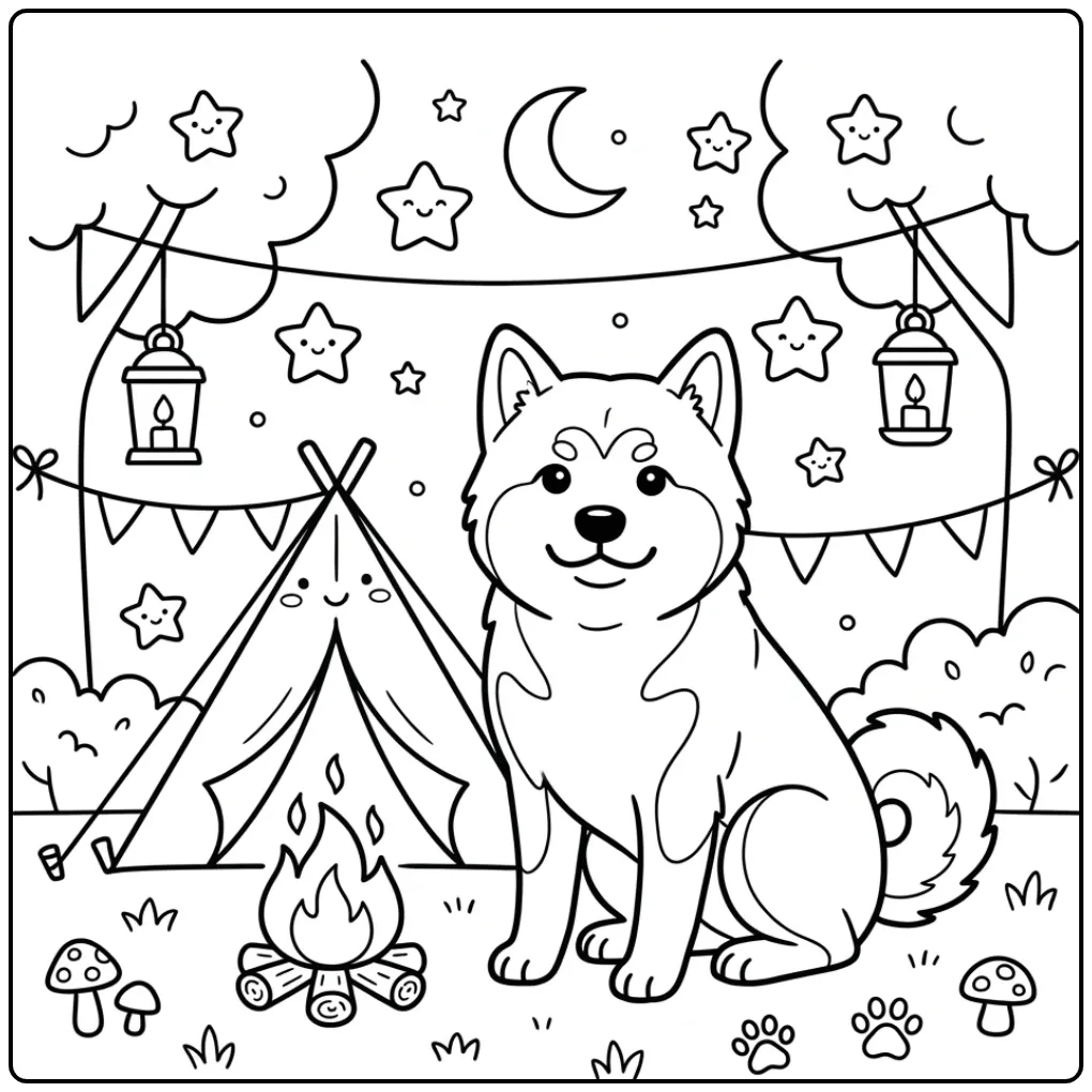 Cute Akita in a Tent Under the Stars coloring page