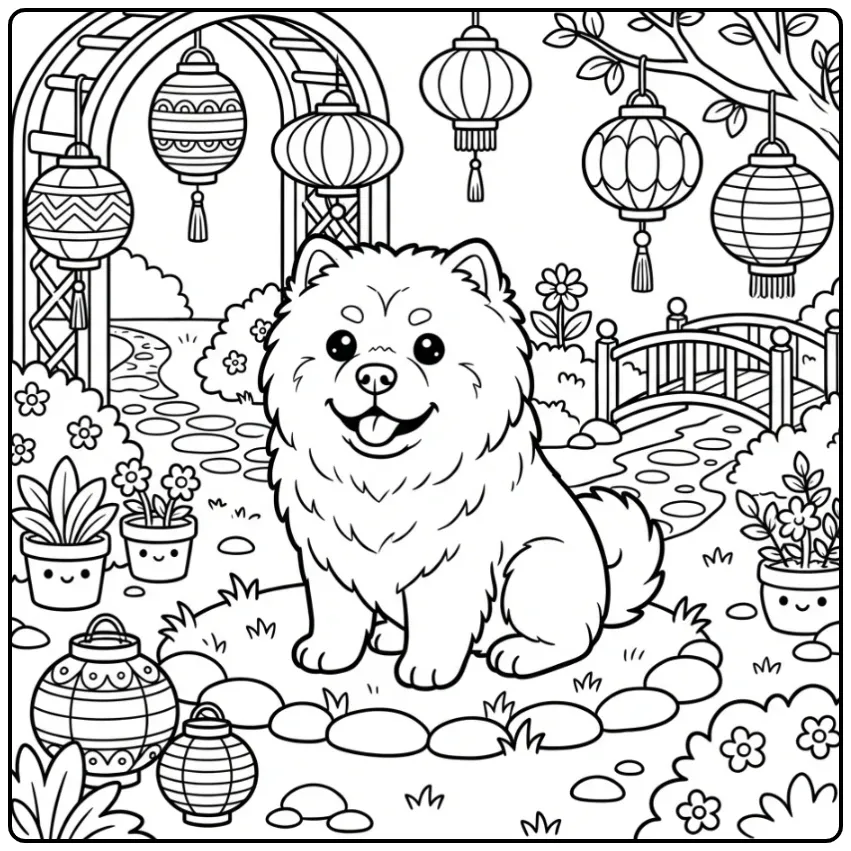 Cute Chow Chow in a Lantern Garden coloring page