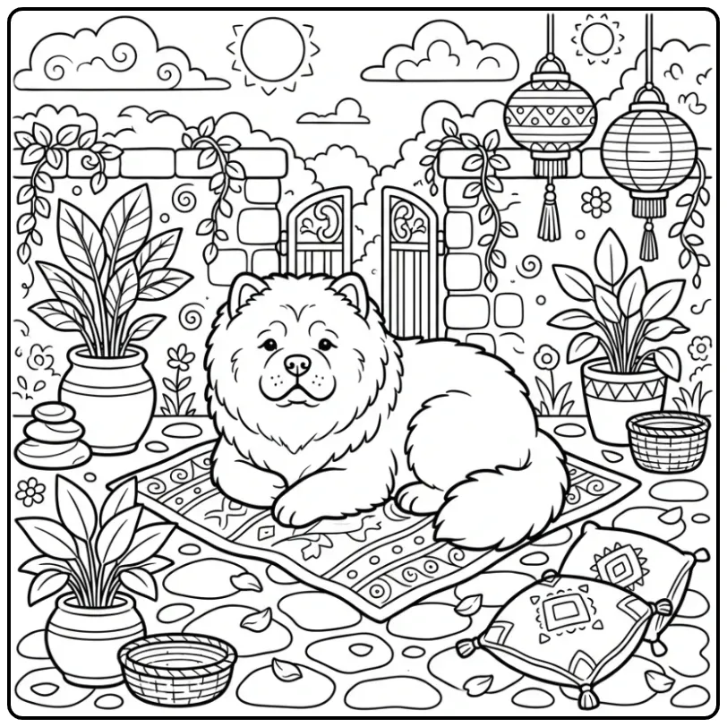 Cute Chow Chow in a Garden with Lanterns coloring page