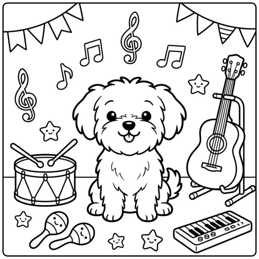 Cute Dog in a Music Room with Notes coloring page