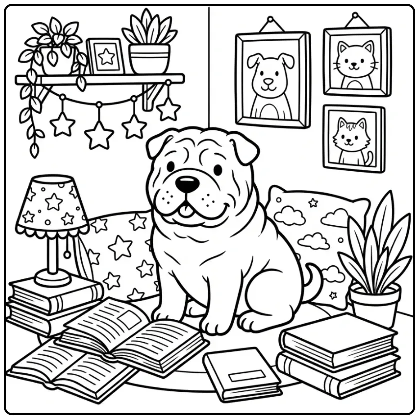 Cute Dog Reading Among Books coloring page