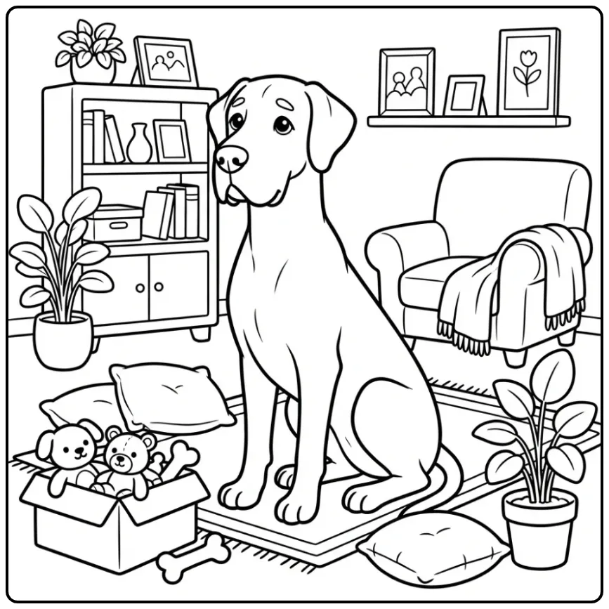 Sweet Great Dane with Toys coloring page