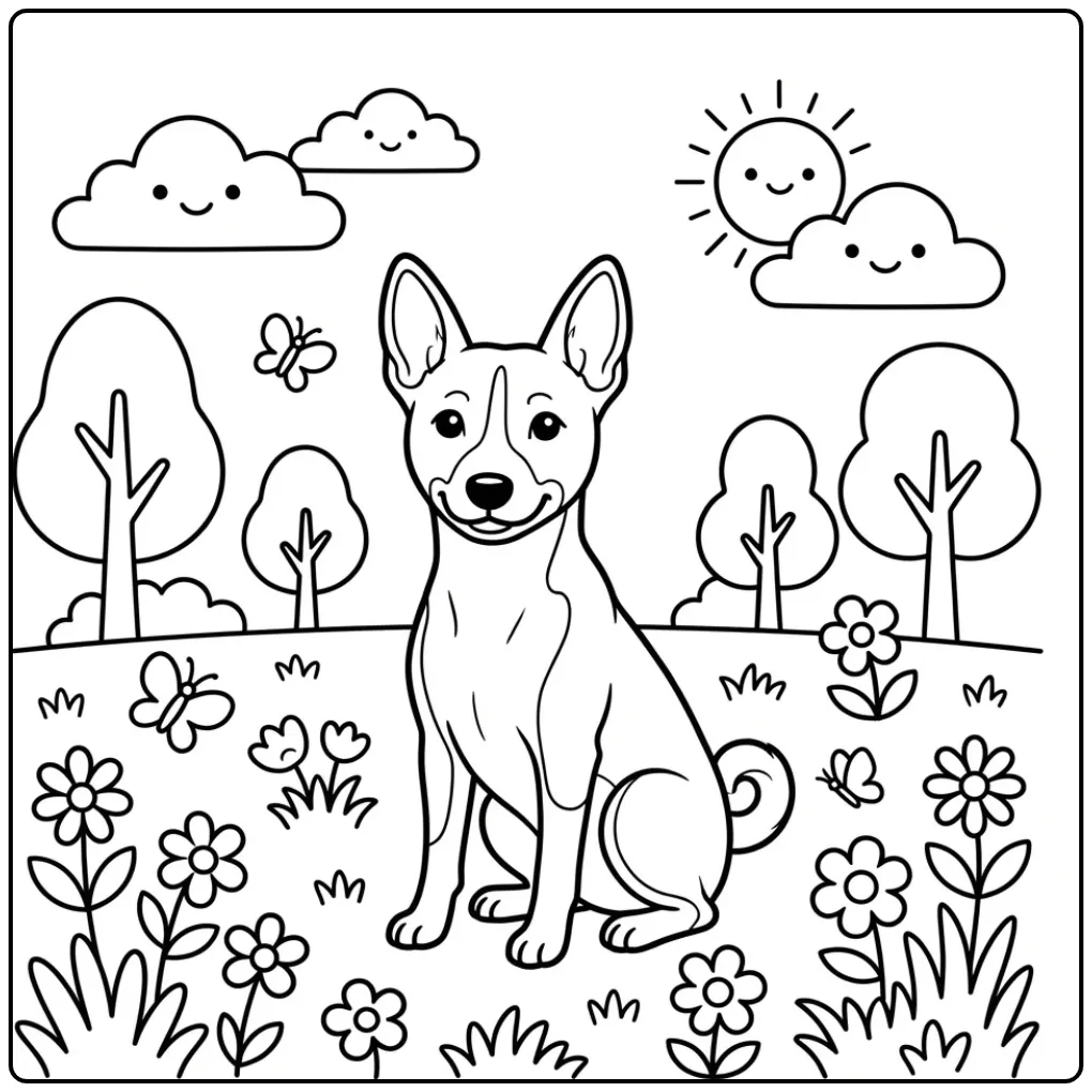 Cute Dog with a Cheerful Basenji coloring page