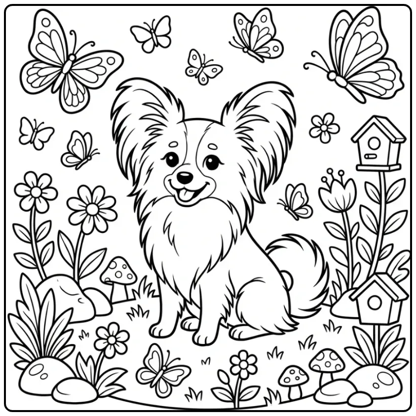 Cute Dog with a Cheerful Papillon coloring page