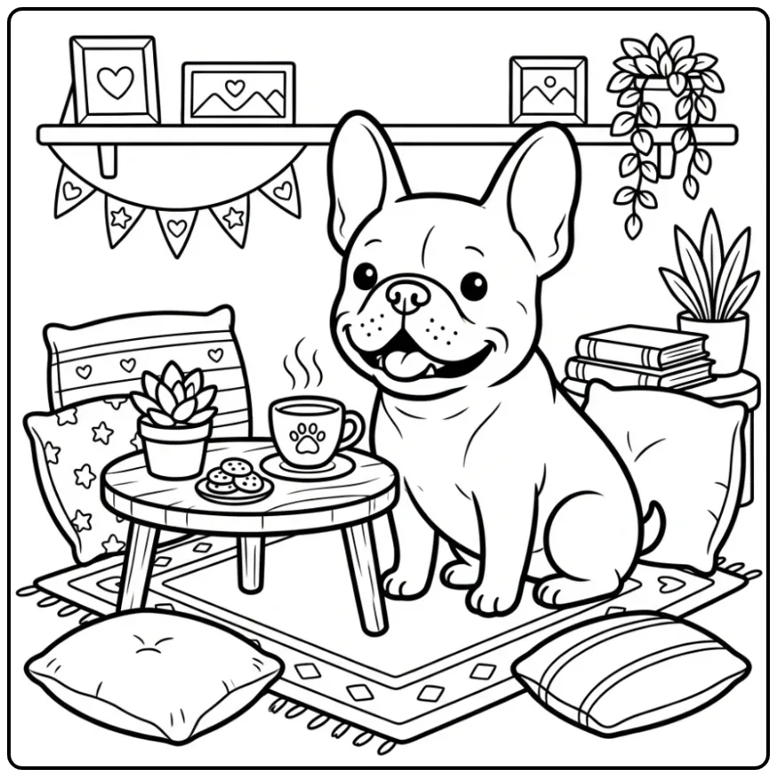 Cute Dog with Coffee and Plants coloring page