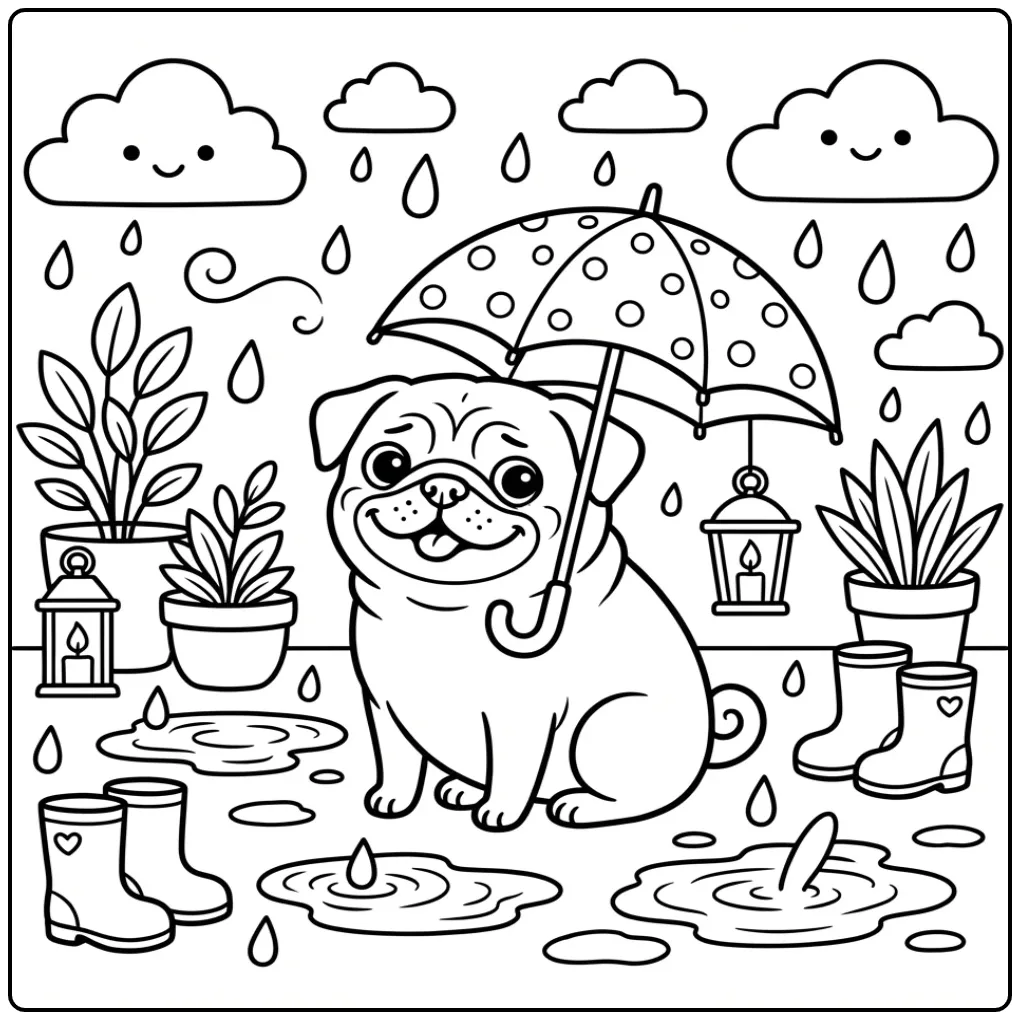 Cute Pug with Rain Boots coloring page