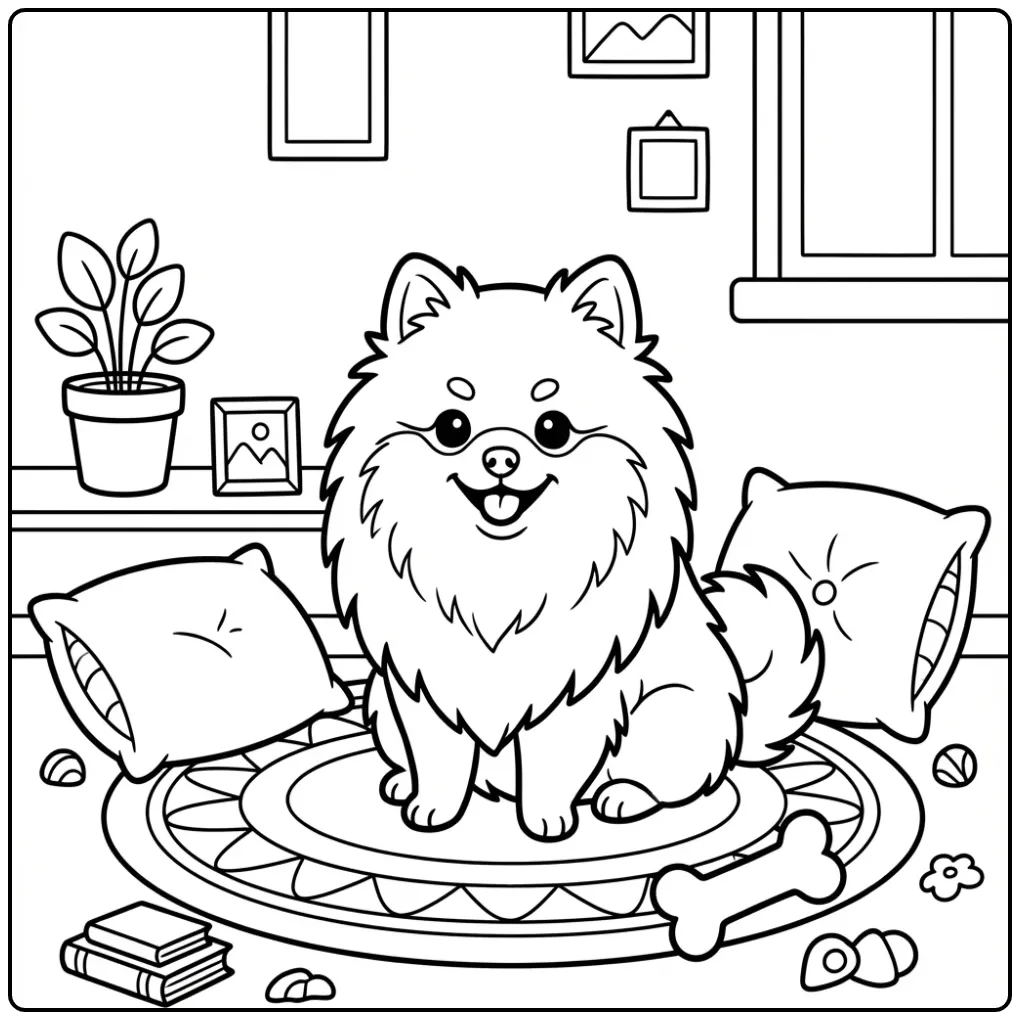 Pomeranian in a Cozy Living Room coloring page