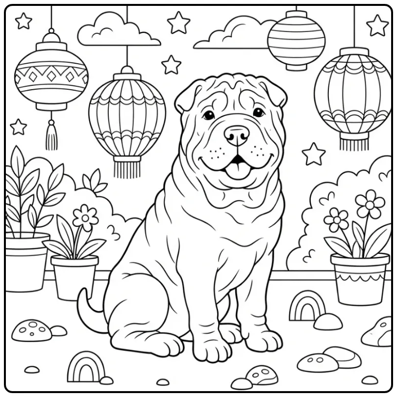 Cute Shar Pei on a Quiet Square coloring page