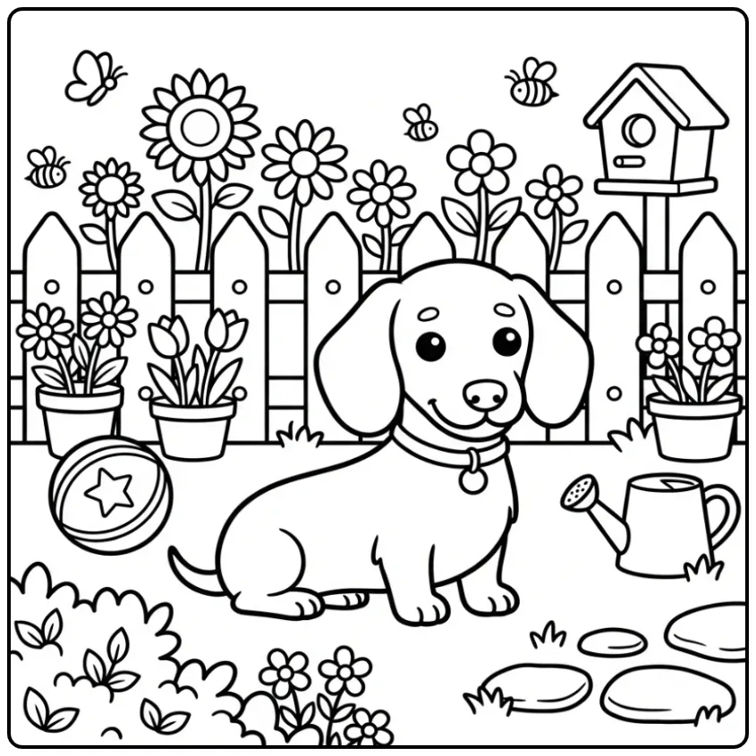 Cute Dachshund in the Garden coloring page