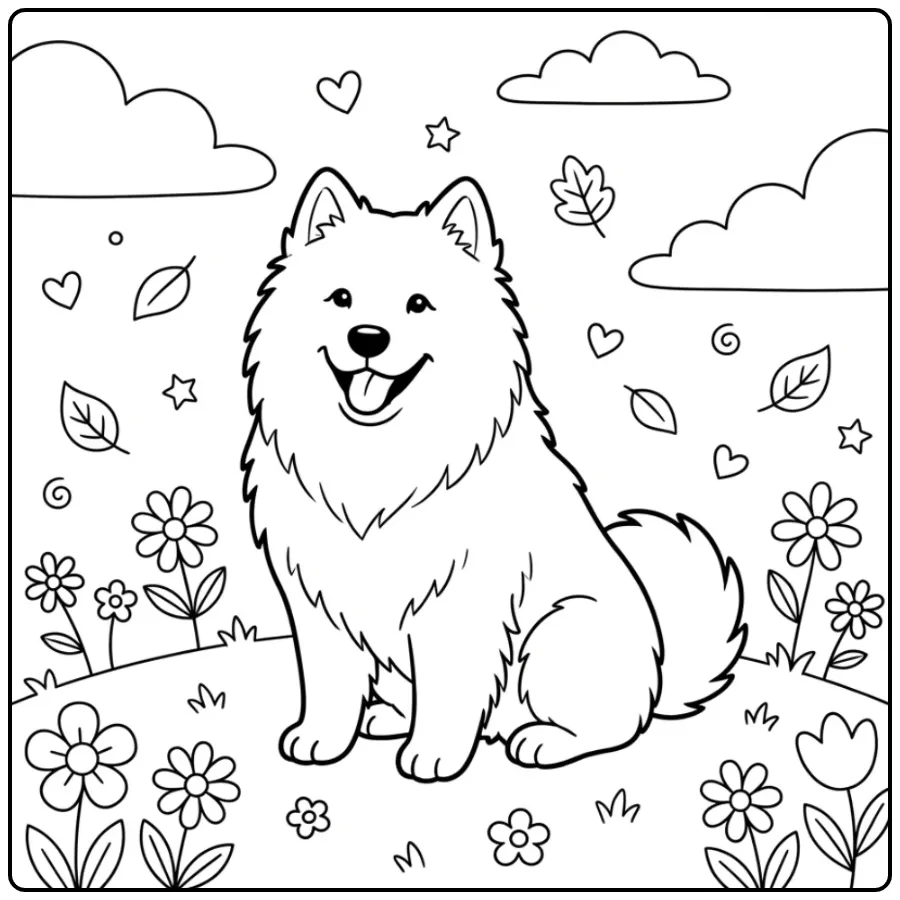 Cheerful Samoyed on a Hill coloring page