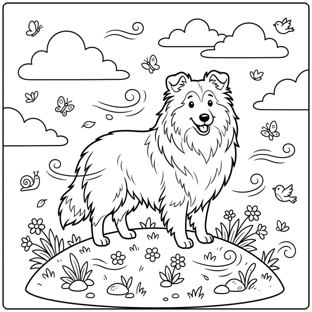 Shetland Sheepdog Among Flowers coloring page