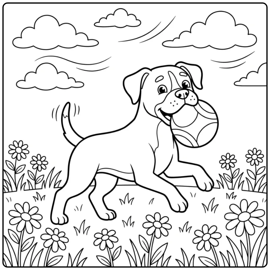 Playful Boxer with a Ball Among Daisies coloring page