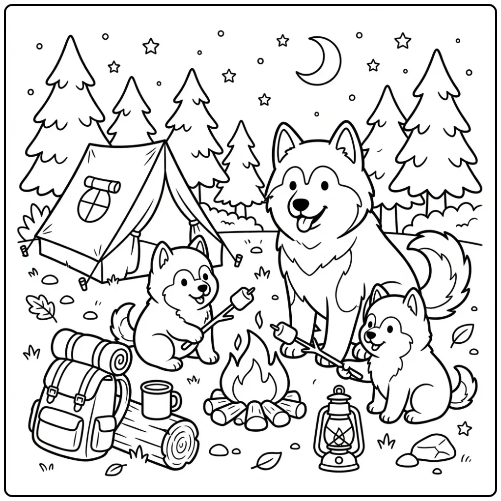 Alaskan Malamute and Puppies Camping coloring page