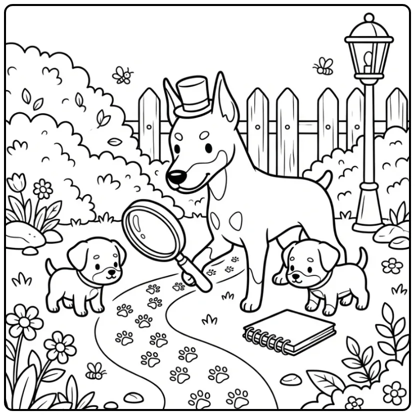 Doberman and Puppies Playing Detective coloring page
