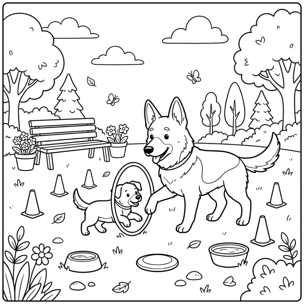 German Shepherd Training a Puppy in the Park coloring page