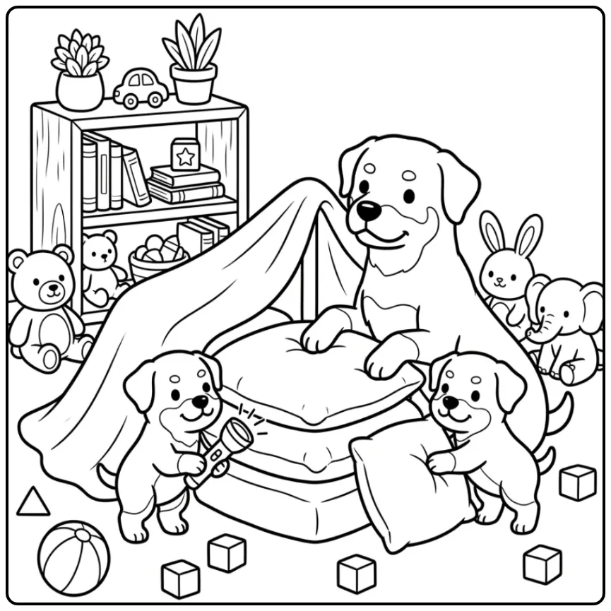 Rottweiler and Puppies Building a Pillow Fort coloring page