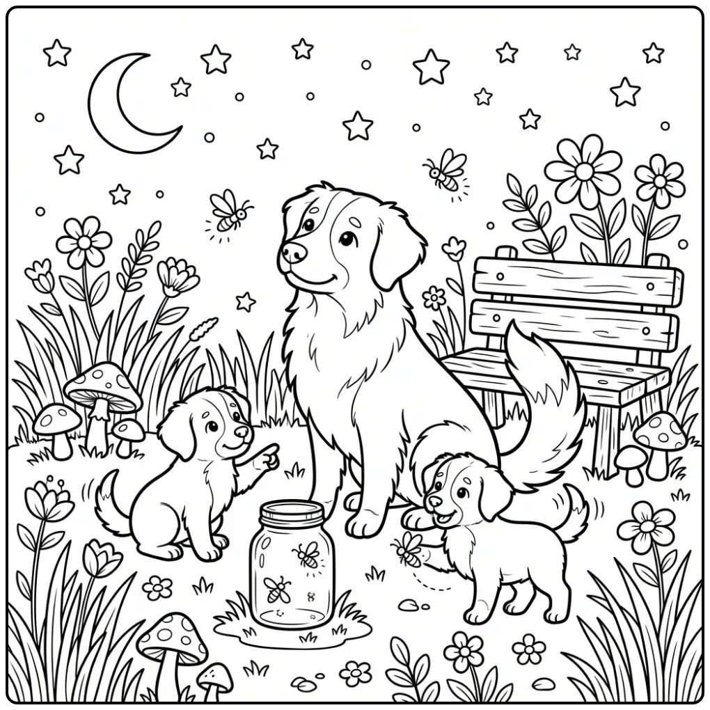 Nova Scotia Duck Tolling Retriever and Puppies Watching Fireflies coloring page